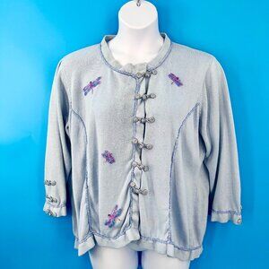 STORYBOOK KNITS LT BLUE BEADED DRAGONFLY KNOT CLOSURE RUFFLED CARDIGAN SWEATER -